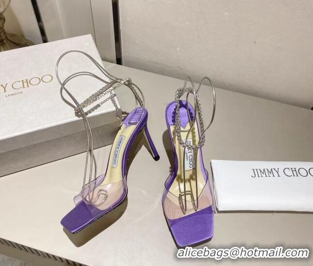 Sophisticated Jimmy Choo Saeda Sandal 85 in Satin and PVC with Crystal Embellishment Purple 411907