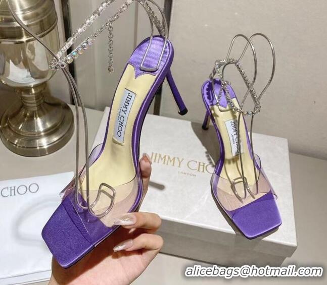 Sophisticated Jimmy Choo Saeda Sandal 85 in Satin and PVC with Crystal Embellishment Purple 411907