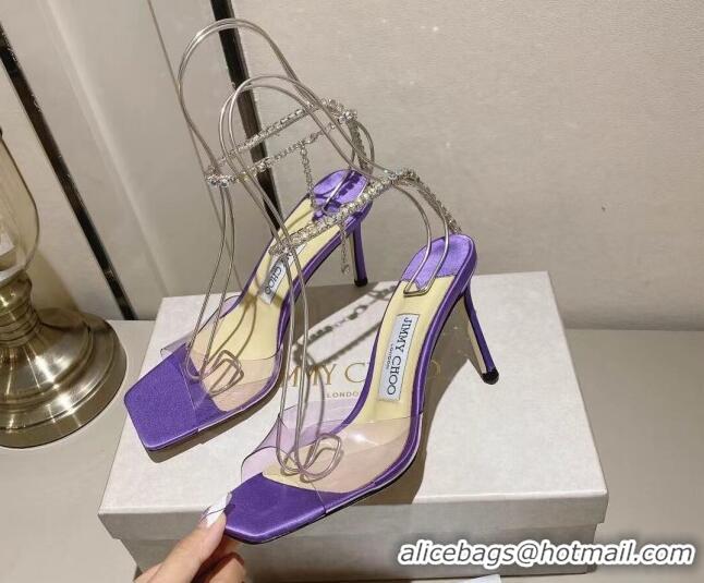 Sophisticated Jimmy Choo Saeda Sandal 85 in Satin and PVC with Crystal Embellishment Purple 411907