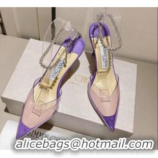 Good Quality Jimmy Choo Saeda 85 Pumps in Satin and PVC with Crystal Embellishment Purple 2411908