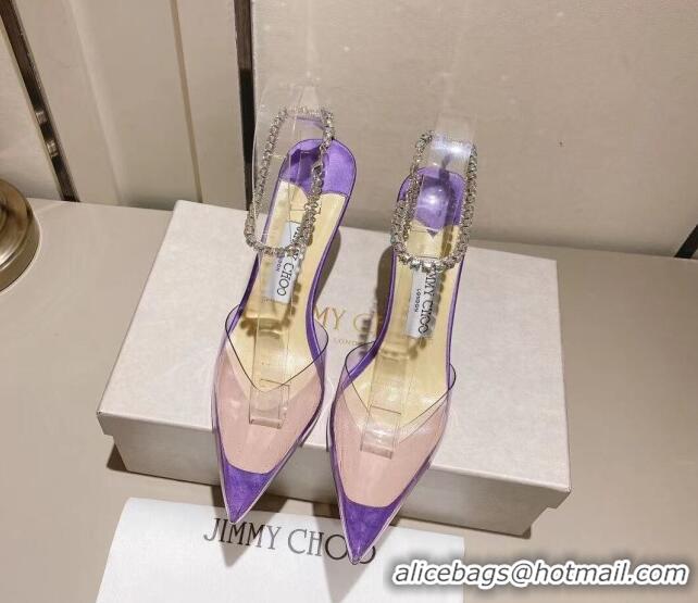 Good Quality Jimmy Choo Saeda 85 Pumps in Satin and PVC with Crystal Embellishment Purple 2411908