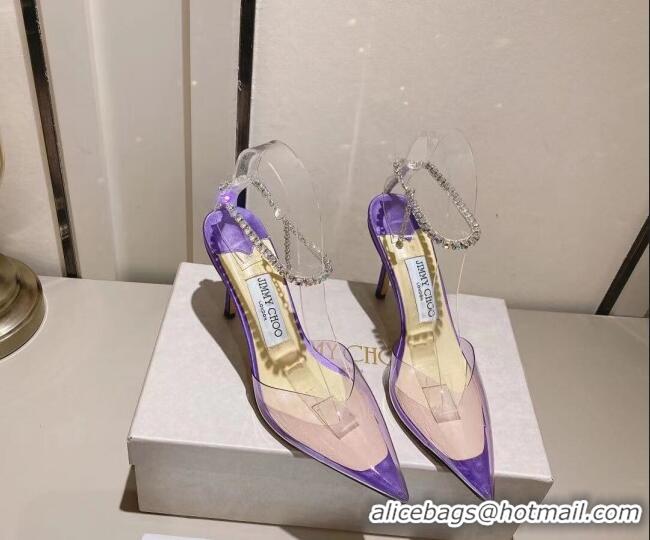 Good Quality Jimmy Choo Saeda 85 Pumps in Satin and PVC with Crystal Embellishment Purple 2411908