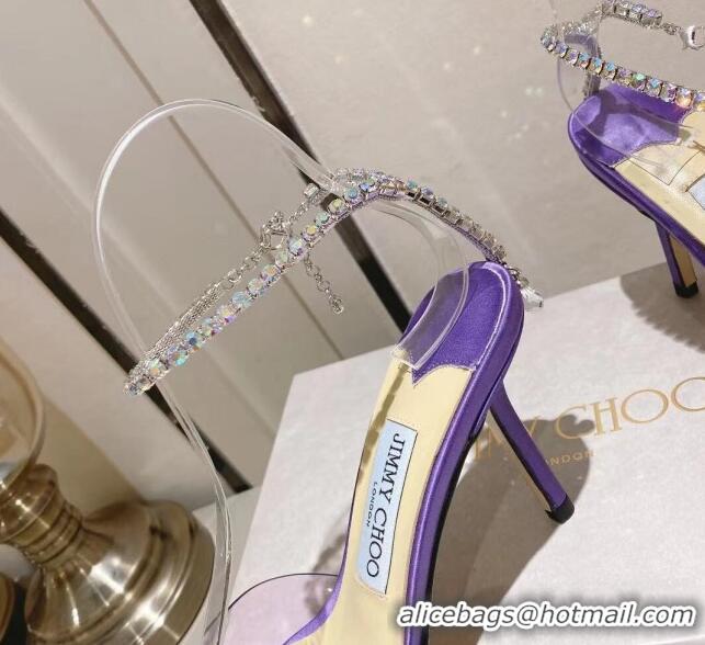 Good Quality Jimmy Choo Saeda 85 Pumps in Satin and PVC with Crystal Embellishment Purple 2411908