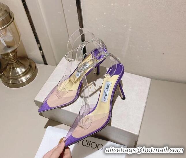 Good Quality Jimmy Choo Saeda 85 Pumps in Satin and PVC with Crystal Embellishment Purple 2411908