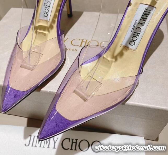 Good Quality Jimmy Choo Saeda 85 Pumps in Satin and PVC with Crystal Embellishment Purple 2411908