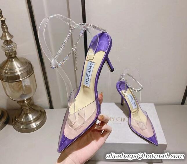 Good Quality Jimmy Choo Saeda 85 Pumps in Satin and PVC with Crystal Embellishment Purple 2411908