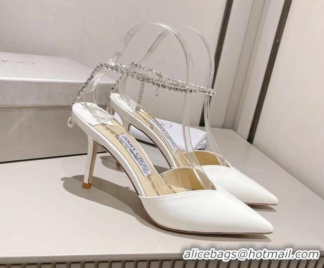 Charming Jimmy Choo Saeda 85 Pumps in Patent Leather with Crystal Embellishment White 411909