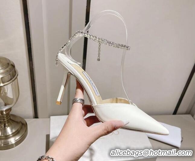 Charming Jimmy Choo Saeda 85 Pumps in Patent Leather with Crystal Embellishment White 411909