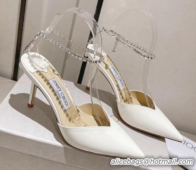 Charming Jimmy Choo Saeda 85 Pumps in Patent Leather with Crystal Embellishment White 411909