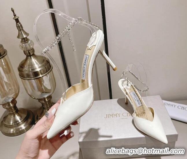 Charming Jimmy Choo Saeda 85 Pumps in Patent Leather with Crystal Embellishment White 411909