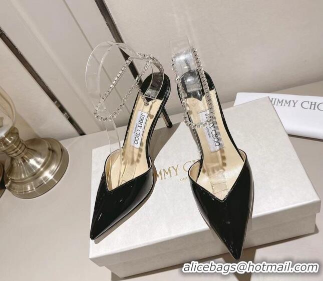 Top Design Jimmy Choo Saeda 85 Pumps in Patent Leather with Crystal Embellishment Black 411910