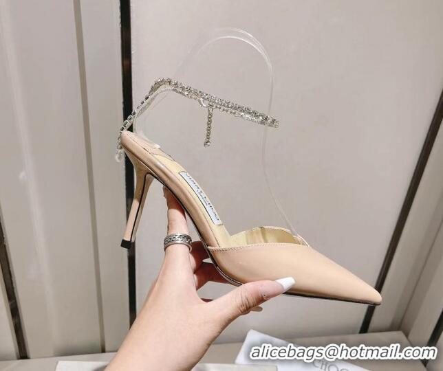 Top Grade Jimmy Choo Saeda 85 Pumps in Patent Leather with Crystal Embellishment Nude 411912