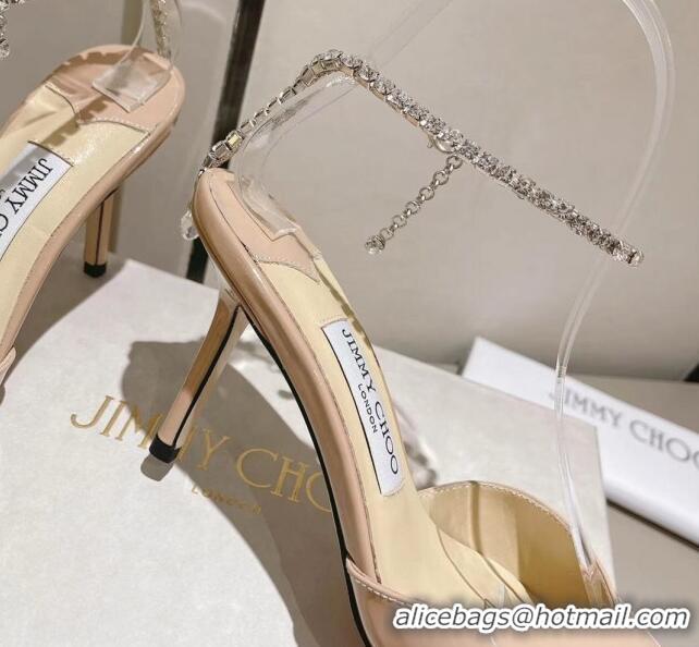 Top Grade Jimmy Choo Saeda 85 Pumps in Patent Leather with Crystal Embellishment Nude 411912