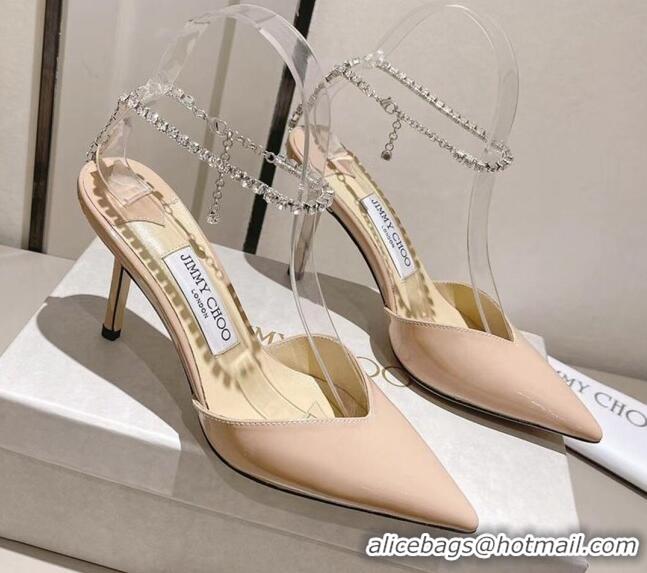 Top Grade Jimmy Choo Saeda 85 Pumps in Patent Leather with Crystal Embellishment Nude 411912