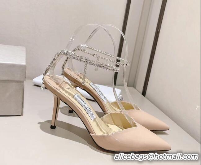 Top Grade Jimmy Choo Saeda 85 Pumps in Patent Leather with Crystal Embellishment Nude 411912