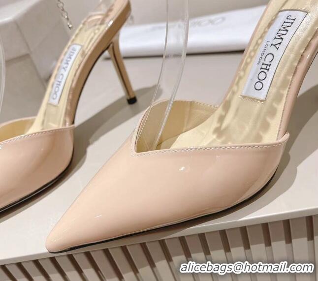 Top Grade Jimmy Choo Saeda 85 Pumps in Patent Leather with Crystal Embellishment Nude 411912