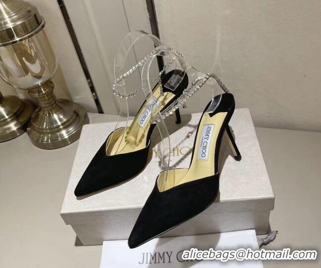 Unique Style Jimmy Choo Saeda 85 Pumps in Suede with Crystal Embellishment Black 411913