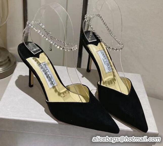 Unique Style Jimmy Choo Saeda 85 Pumps in Suede with Crystal Embellishment Black 411913