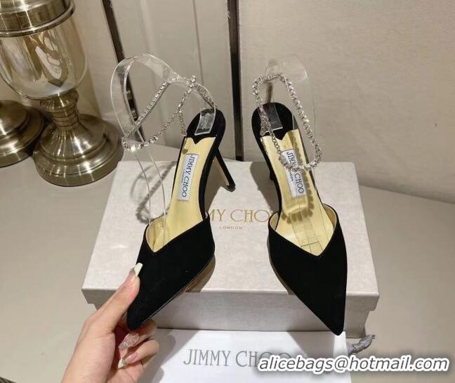 Unique Style Jimmy Choo Saeda 85 Pumps in Suede with Crystal Embellishment Black 411913