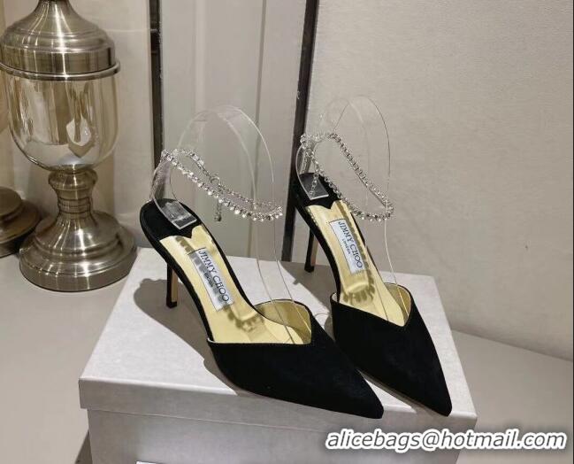 Unique Style Jimmy Choo Saeda 85 Pumps in Suede with Crystal Embellishment Black 411913