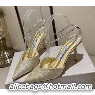 Duplicate Jimmy Choo Saeda 85 Glitter Pumps with Crystal Embellishment Gold 411914