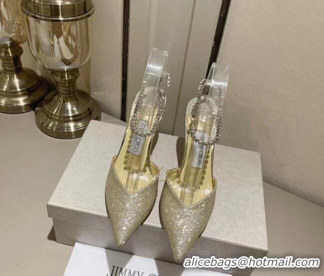 Duplicate Jimmy Choo Saeda 85 Glitter Pumps with Crystal Embellishment Gold 411914