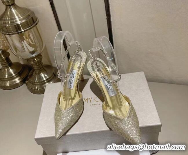 Duplicate Jimmy Choo Saeda 85 Glitter Pumps with Crystal Embellishment Gold 411914