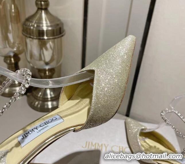 Duplicate Jimmy Choo Saeda 85 Glitter Pumps with Crystal Embellishment Gold 411914