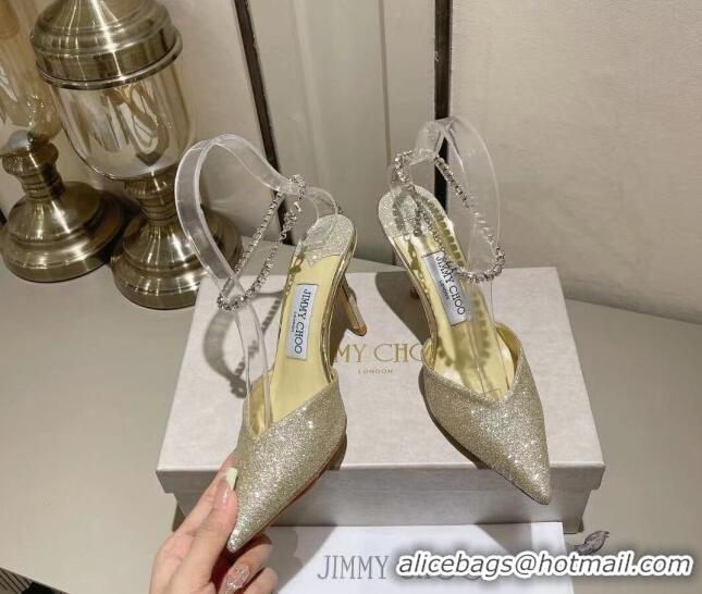 Duplicate Jimmy Choo Saeda 85 Glitter Pumps with Crystal Embellishment Gold 411914