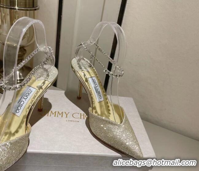 Duplicate Jimmy Choo Saeda 85 Glitter Pumps with Crystal Embellishment Gold 411914