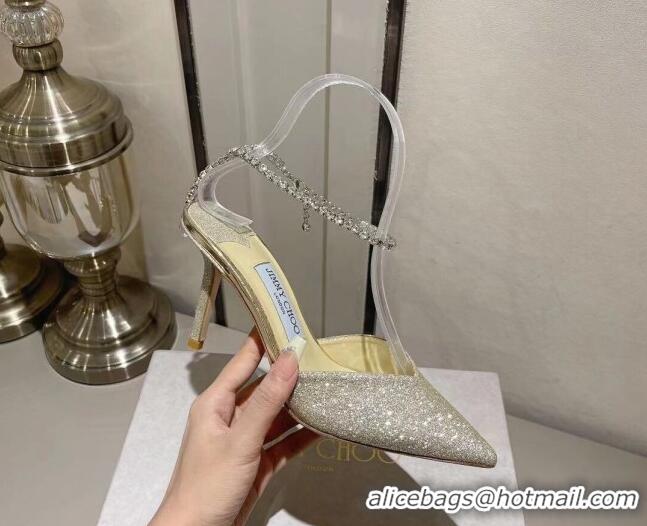 Duplicate Jimmy Choo Saeda 85 Glitter Pumps with Crystal Embellishment Gold 411914