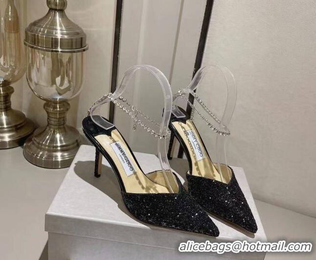 Good Looking Jimmy Choo Saeda 85 Glitter Pumps with Crystal Embellishment Black 411915