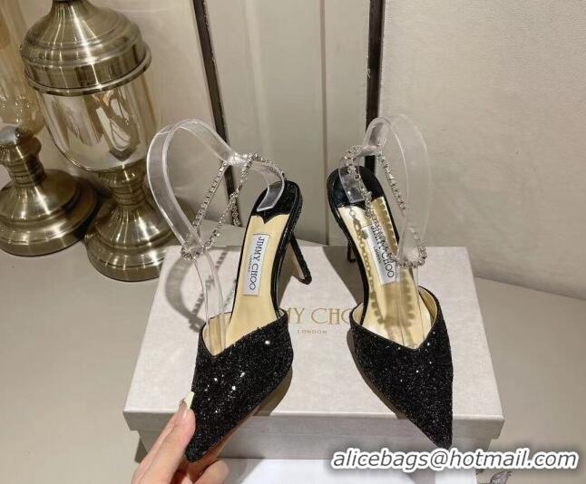 Good Looking Jimmy Choo Saeda 85 Glitter Pumps with Crystal Embellishment Black 411915