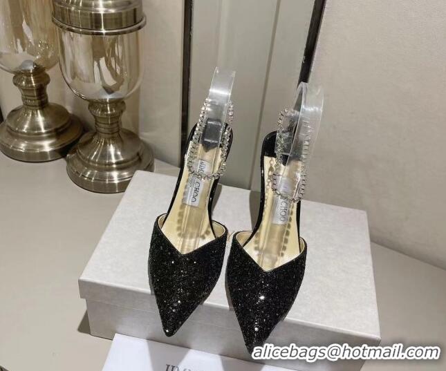 Good Looking Jimmy Choo Saeda 85 Glitter Pumps with Crystal Embellishment Black 411915