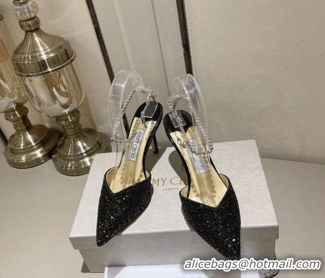 Good Looking Jimmy Choo Saeda 85 Glitter Pumps with Crystal Embellishment Black 411915