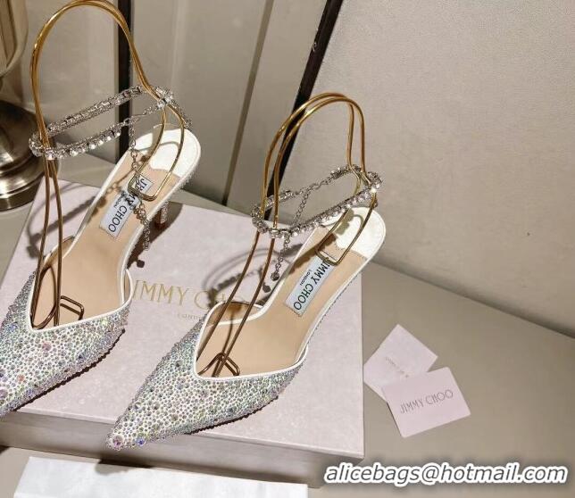 Perfect Jimmy Choo Saeda 85 Satin Pumps with Crystals White 411917