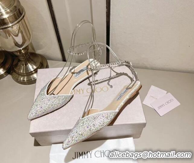 Good Quality Jimmy Choo Satin Flat Shoes with Crystals White 411918