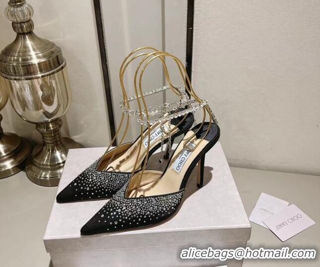 Best Price Jimmy Choo Saeda 100 Satin Pumps with Crystals Black 411920