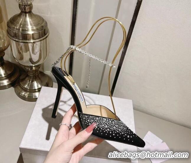 Best Price Jimmy Choo Saeda 100 Satin Pumps with Crystals Black 411920