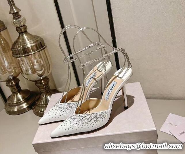 Good Looking Jimmy Choo Saeda 100 Satin Pumps with Crystals White 411921