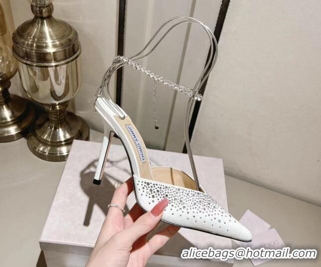 Good Looking Jimmy Choo Saeda 100 Satin Pumps with Crystals White 411921