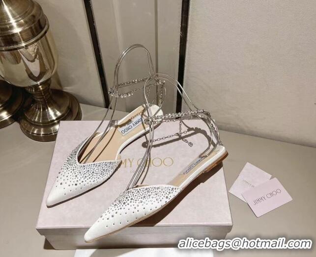 Top Design Jimmy Choo Saeda Satin Flat Shoes with Crystals White 411923