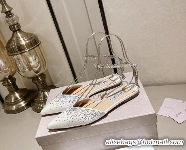 Top Design Jimmy Choo Saeda Satin Flat Shoes with Crystals White 411923