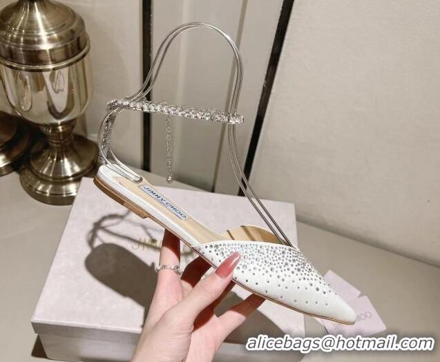 Top Design Jimmy Choo Saeda Satin Flat Shoes with Crystals White 411923