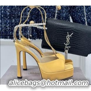 Buy Luxury Jimmy Choo Saeda Sandal Platform 12.5cm in Satin with Crystals Ankle Strap Yellow 0227101