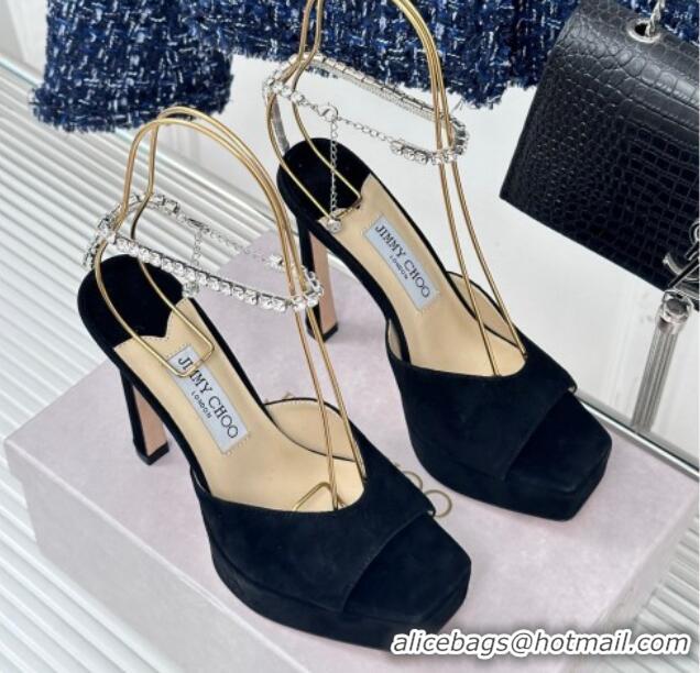 Pretty Style Jimmy Choo Saeda Sandal Platform 12.5cm in Suede with Crystals Ankle Strap Black 0227102