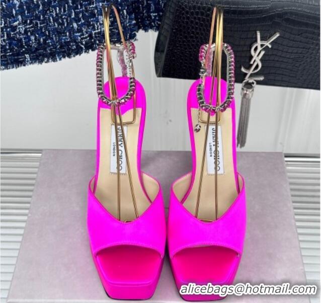 Best Grade Jimmy Choo Saeda Sandal Platform 12.5cm in Satin with Crystals Ankle Strap Neon Pink 0227103