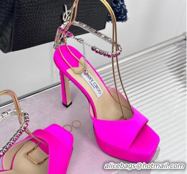 Best Grade Jimmy Choo Saeda Sandal Platform 12.5cm in Satin with Crystals Ankle Strap Neon Pink 0227103