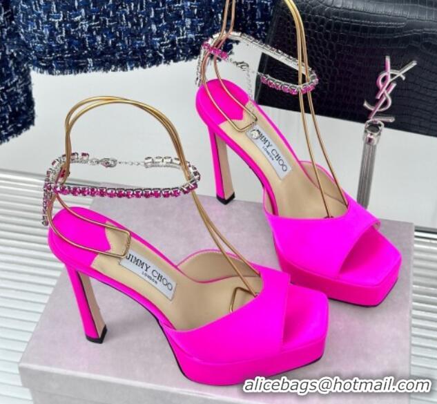 Best Grade Jimmy Choo Saeda Sandal Platform 12.5cm in Satin with Crystals Ankle Strap Neon Pink 0227103