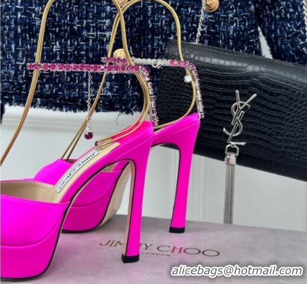 Best Grade Jimmy Choo Saeda Sandal Platform 12.5cm in Satin with Crystals Ankle Strap Neon Pink 0227103